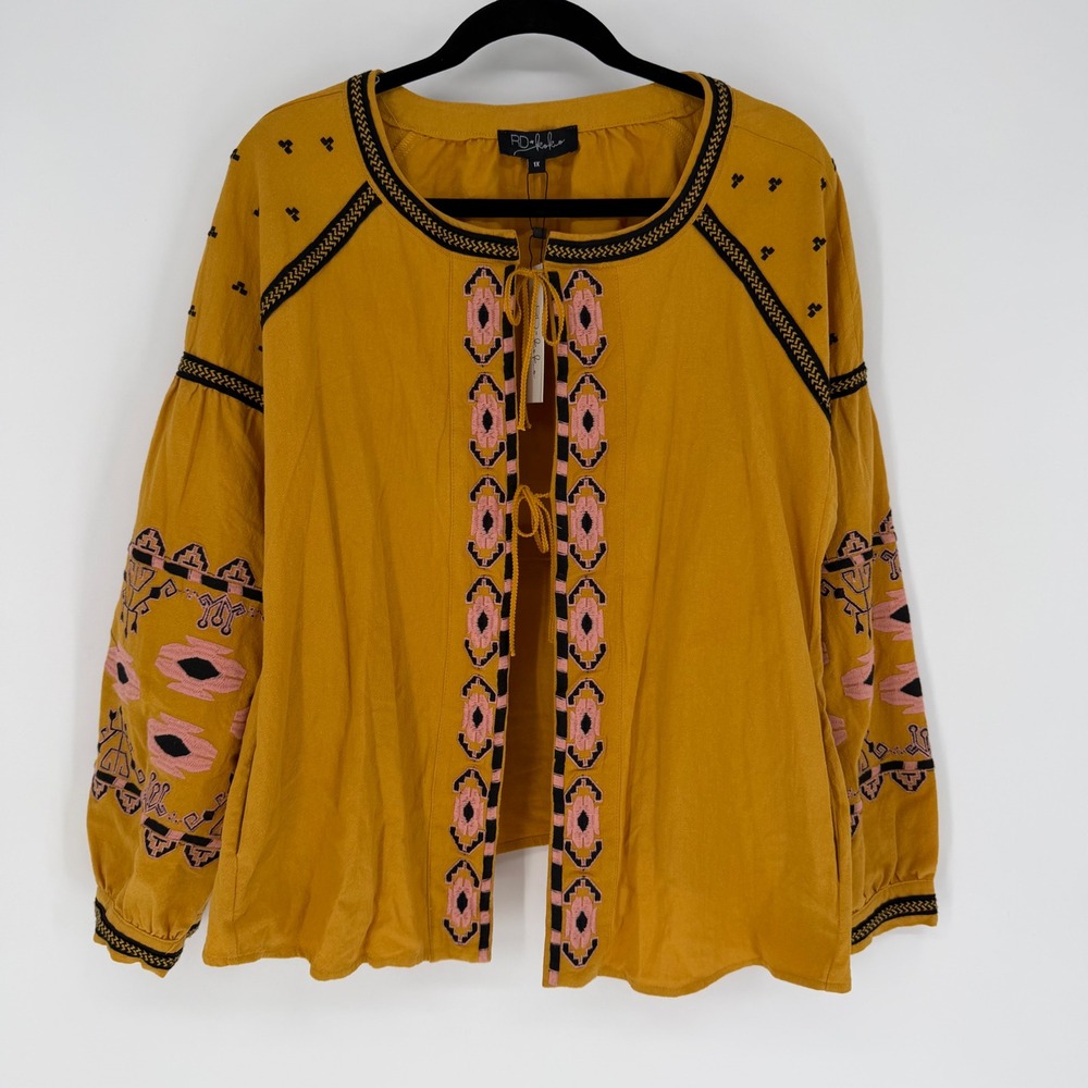 RD & KOKO EMBROIDERED BOHO JACKET 1X NWT LIGHTWEIGHT BOHO VIBRANT GOLD PEASANT